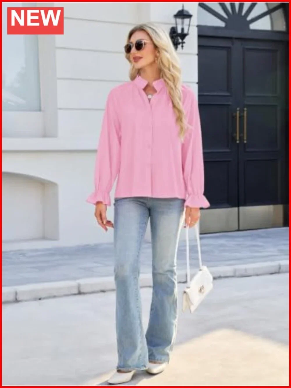 Womens Button Down Long Sleeve Blouse Stand Collar Ruffle Puff Sleeve Top